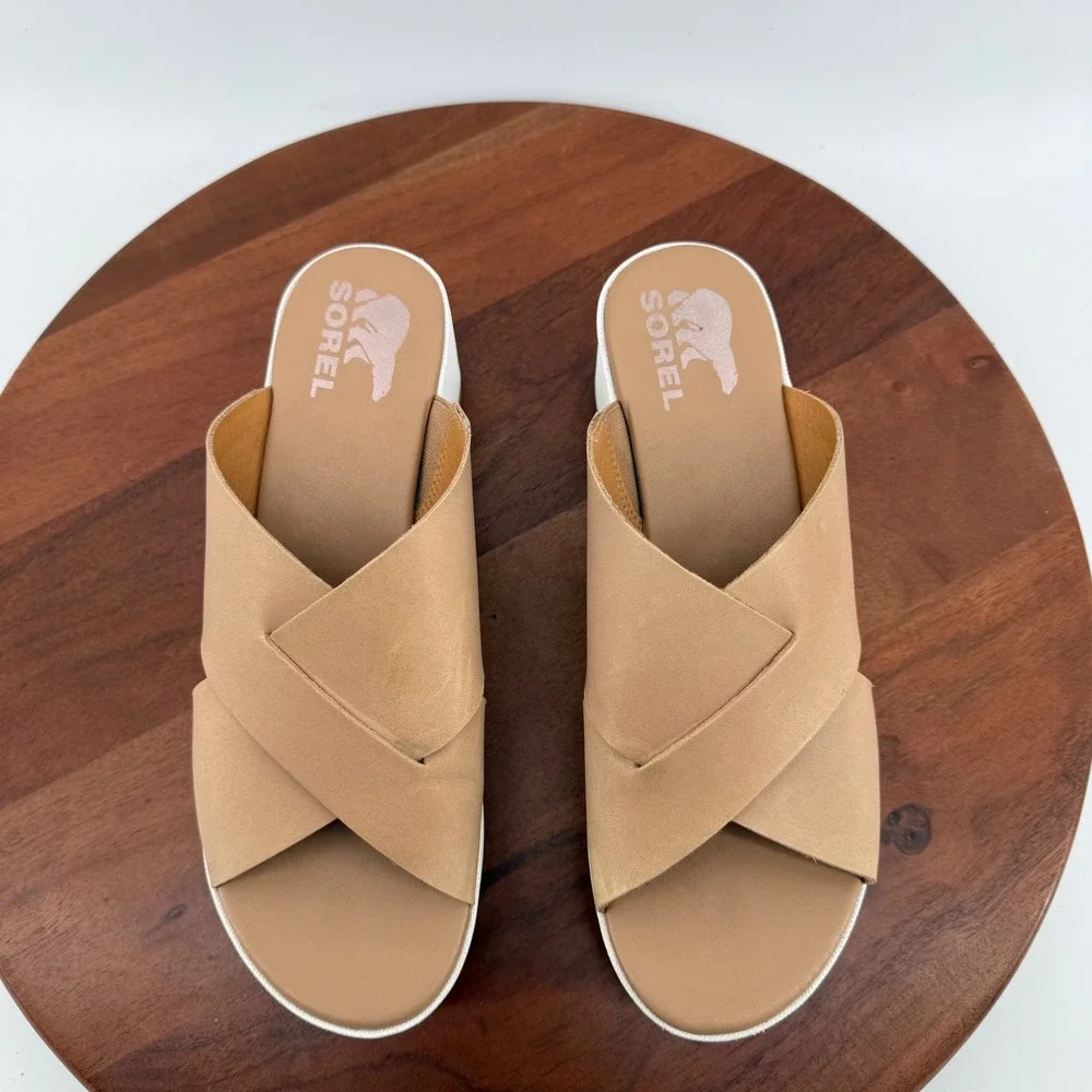 Sorel Cameron Flatform Slide Womens Beige‎ Leather Cross Strap Summer Sandals 9